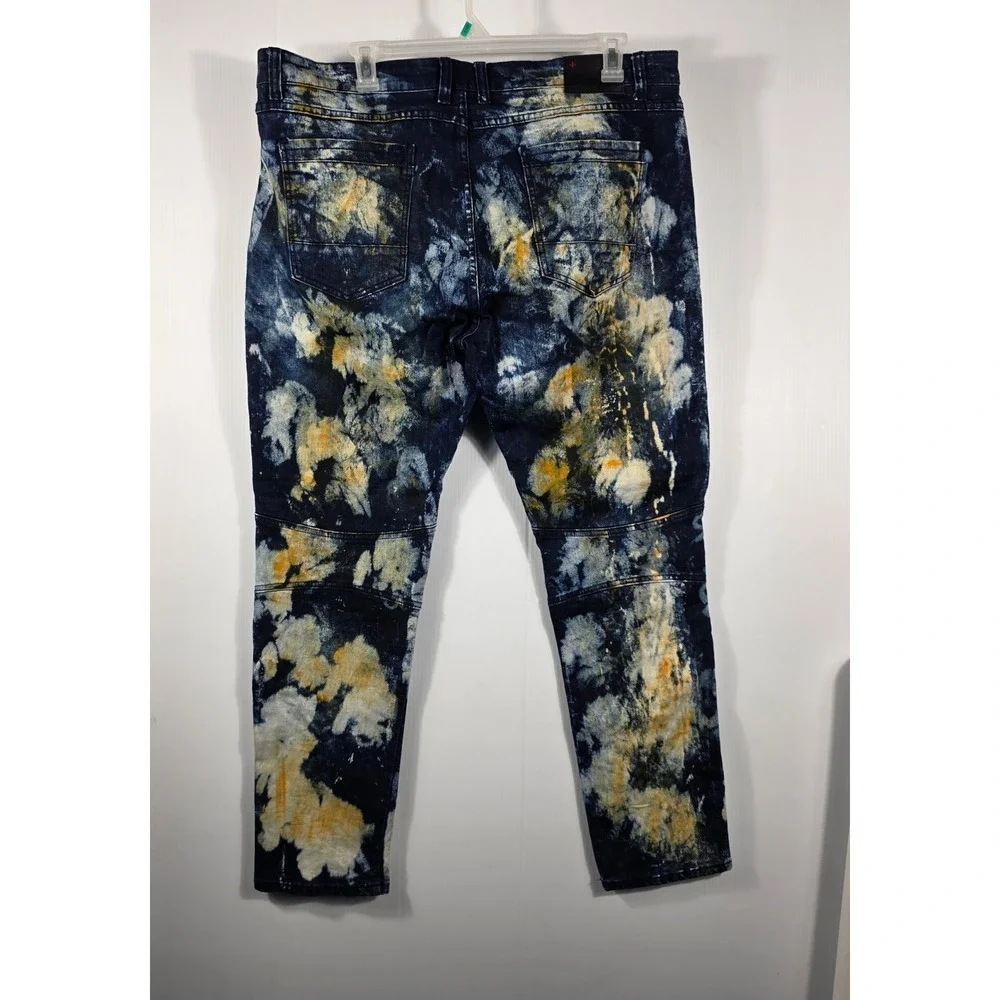 Krome New York Mens 42x32 Moto Biker Jean Acid Wash Distressed Blue Yellow Splat